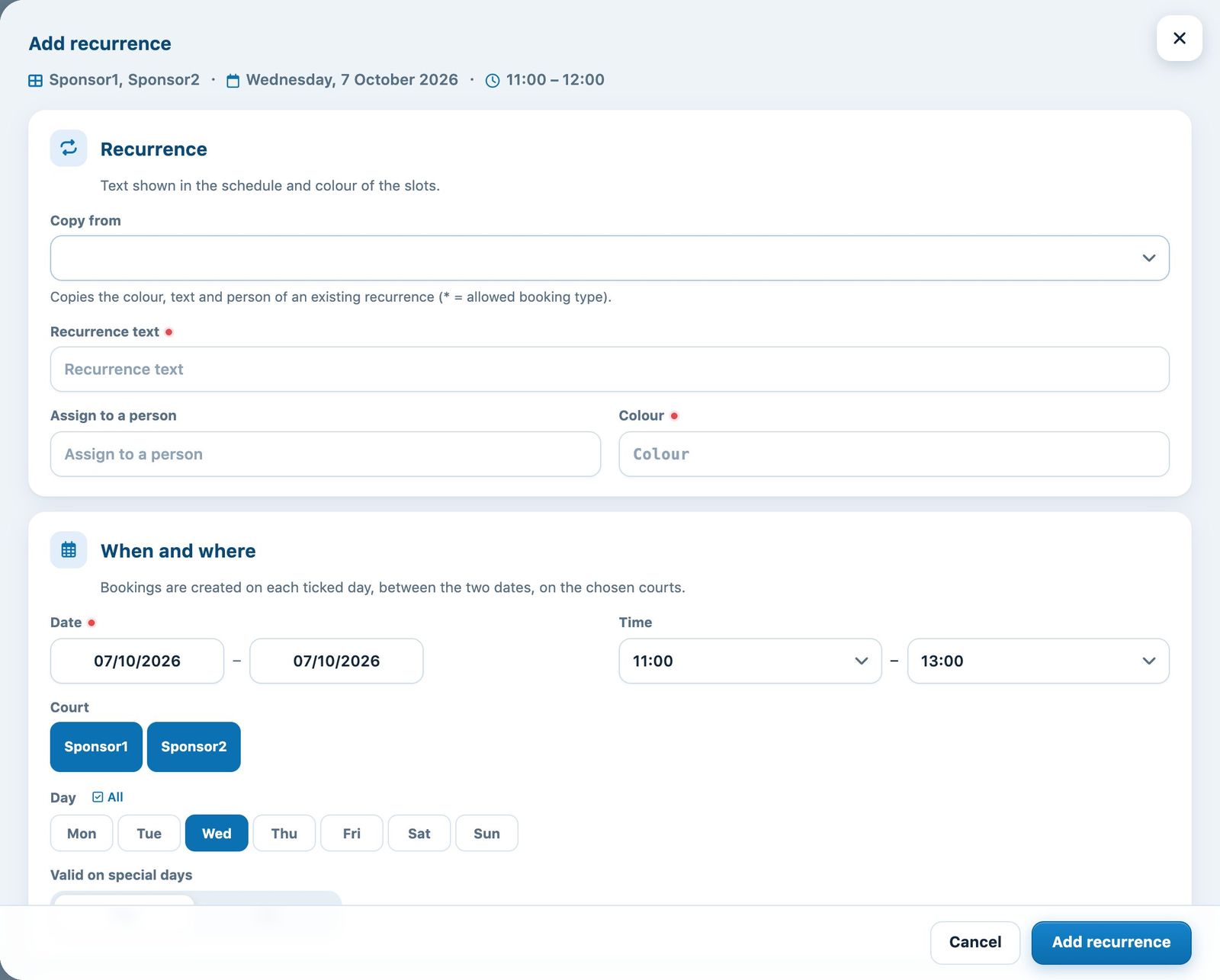 Pre-filled Add recurrence panel